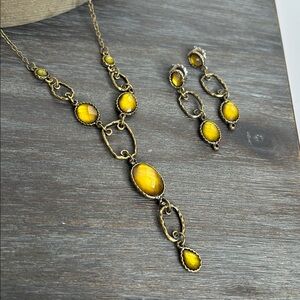 Lia Sophia “Pistachio” Antique Gold Tone Green Resin Stones Necklace & Earrings